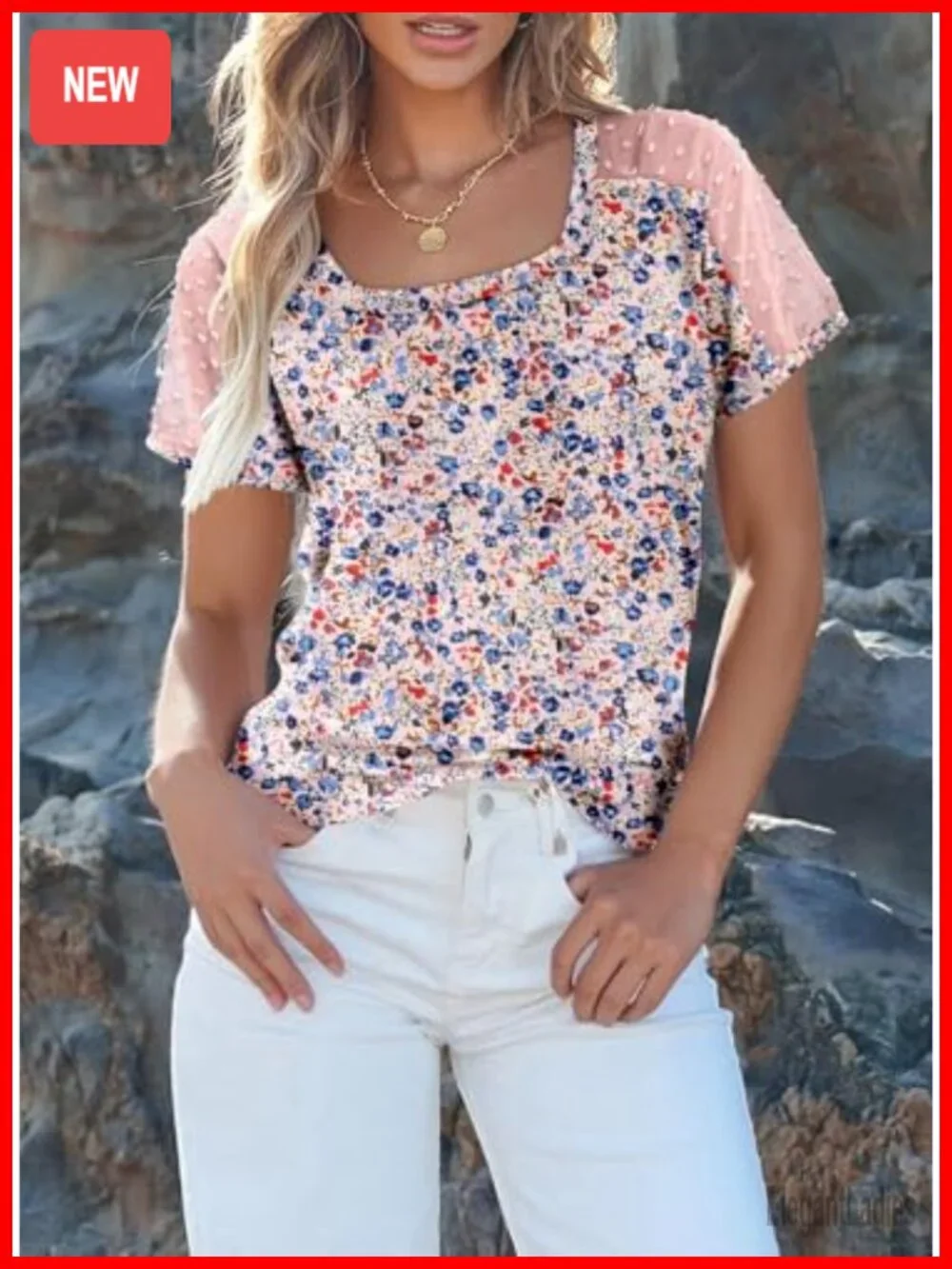 Square Neck Semi-Sheer Short Sleeve T-Shirt Blouse